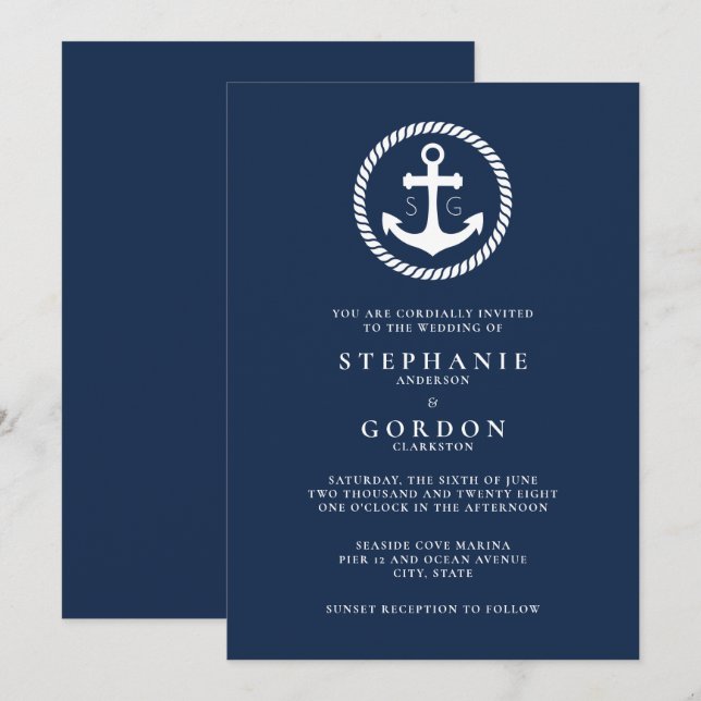 Navy Monogram Nautical Wedding Einladung (Vorne/Hinten)