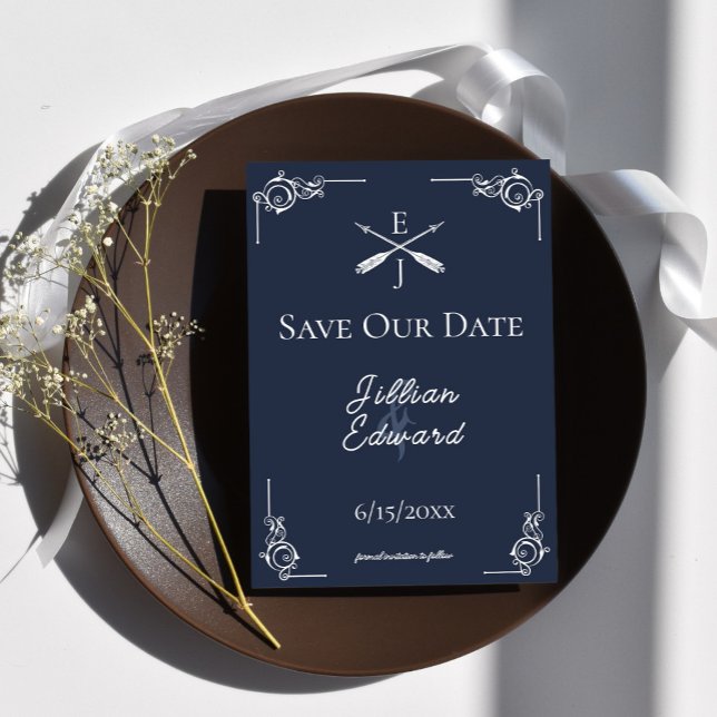 Navy Monogram und Arrows Save the Date Ankündigung (Navy Blue Monogram and Arrows Save the Date)