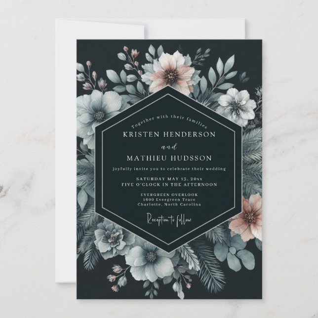 Navy Moody Bloom Hochzeit Einladung (Vorderseite)