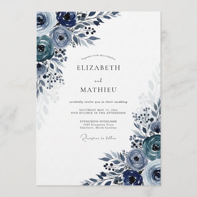 Navy Moody Bloom Hochzeit Einladung (Vorderseite)