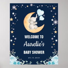 Navy Moon Elephant Balloon Babydusche Willkommen Poster