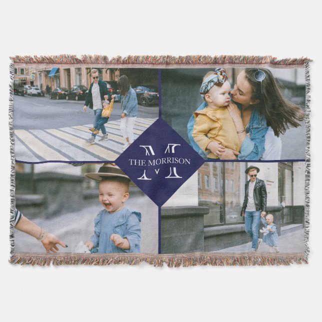 Navy Multiple Fotos Custom Monogram Family Name Decke (Vorderseite)