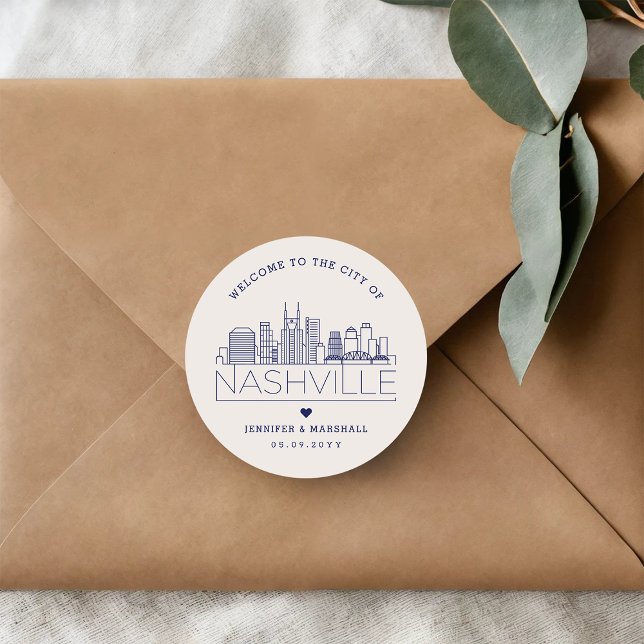 Navy Nashville Skyline | Hochzeitsempfang Runder Aufkleber (Von Creator hochgeladen)