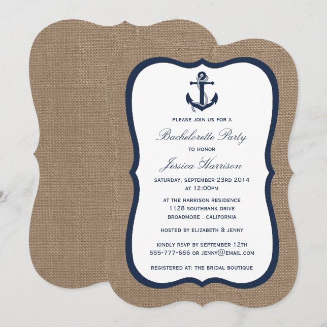 Navy Nautic Anchor auf Burlap Junggeselinnen-Absch Einladung (Vorne/Hinten)