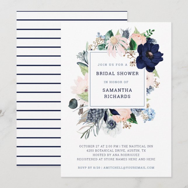 Navy Nautic Floral and Stripes | Brautparty Einladung (Vorne/Hinten)