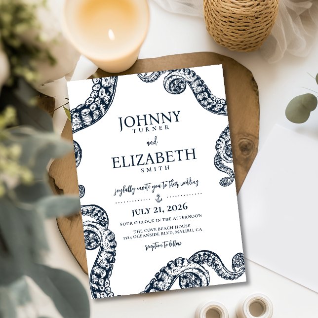 Navy Nautic Octopus Tentacle Wedding Einladung (Von Creator hochgeladen)