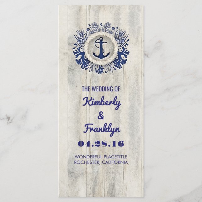 Navy Nautic Rustic Driftwood Beach Hochzeit Programm (Vorderseite)