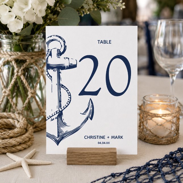 Navy Nautic Sketch Anchor | TISCHNUMMERN (Nautical Anchor themed table number card that is customizable and perfect for your table decor.
)