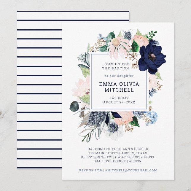 Navy Nautical Floral und Streifen| Taufe Einladung (Vorne/Hinten)