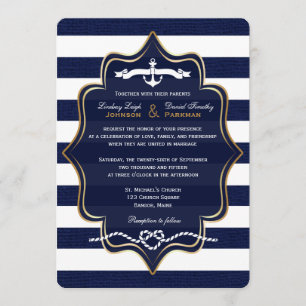 Navy Nautical, IMITATS Burlap Stripes Wedding 2 Einladung