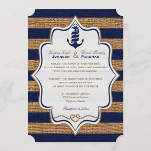 Navy Nautical, IMITATS Burlap Stripes Wedite Einla Einladung