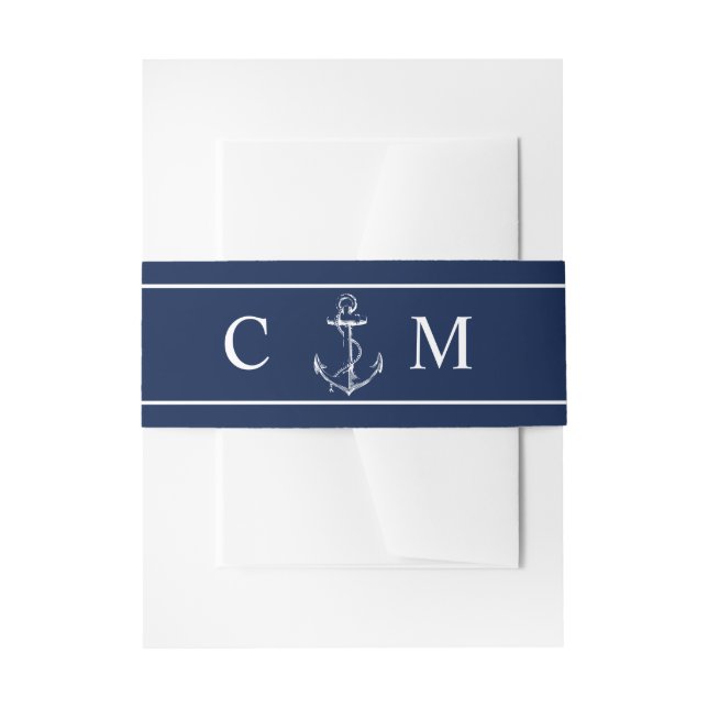 Navy Nautical Monogram White Anchor Wedding Einladungsbanderole (Vorderseite Beispiel)