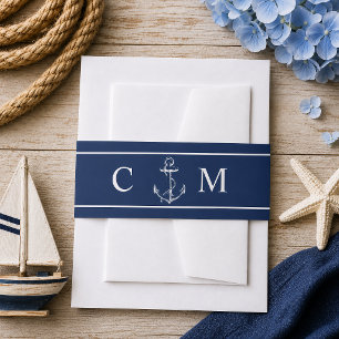 Navy Nautical Monogram White Anchor Wedding Einladungsbanderole