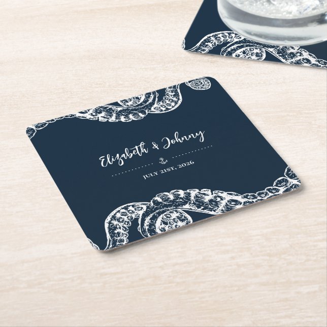 Navy Nautical Octopus Wedding Paper Untersetzer (angewinkelt)