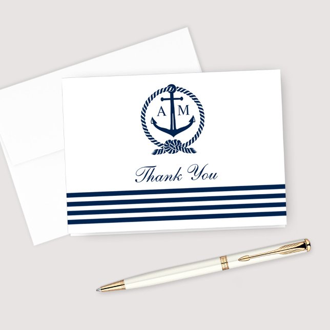 Navy Nautical Wedding Anchor Monogram White Dankeskarte (Von Creator hochgeladen)