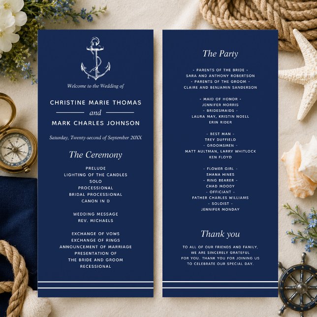 Navy Nautical White Anchor Hochzeit Programm (A nautical themed program perfect for beach weddings and weddings by the sea! )