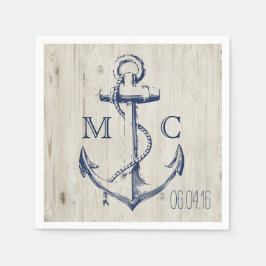 Navy Nautical White Anchor Rustic Wood Monogram Serviette
