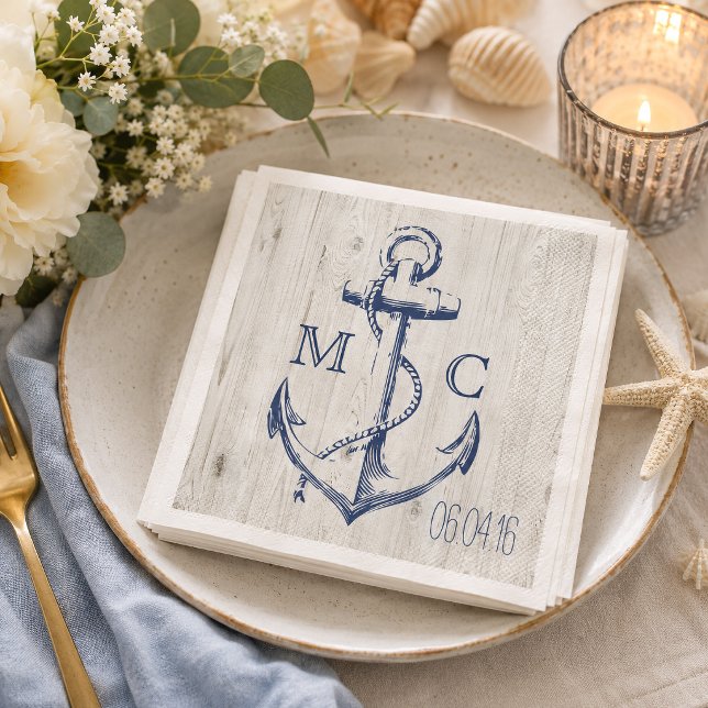 Navy Nautical White Anchor Rustic Wood Monogram Serviette (Complete your nautical wedding reception with these rustic anchor nautical wedding napkins.)