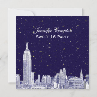 Navy NYC Skyline Etch Starry DIY BG Sweet 16 SQ in Einladung