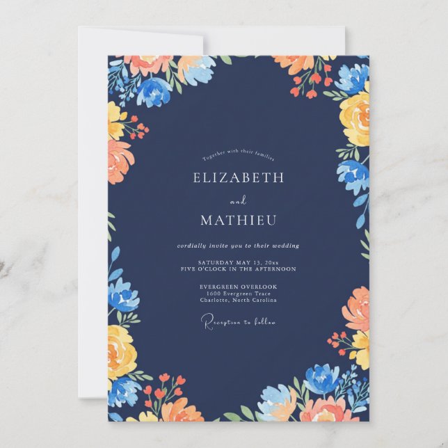 Navy-Ocker-Wildflower-Hochzeit Einladung (Vorderseite)