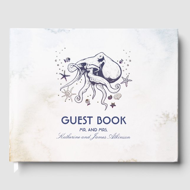 Navy Octopus Beach Wasserfarben Schöne Hochzeit Gästebuch (Vorderseite)