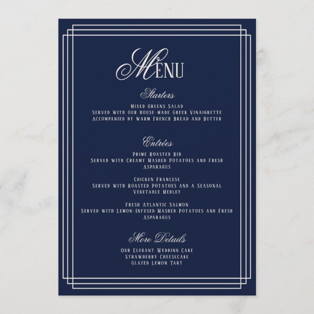 Navy Old Money Wedding Menu Card Einladung (Vorderseite)