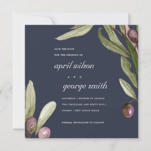 NAVY OLIVE WATERCOLOR FOLIAGE SAVE THE DATE CARD DANKESKARTE