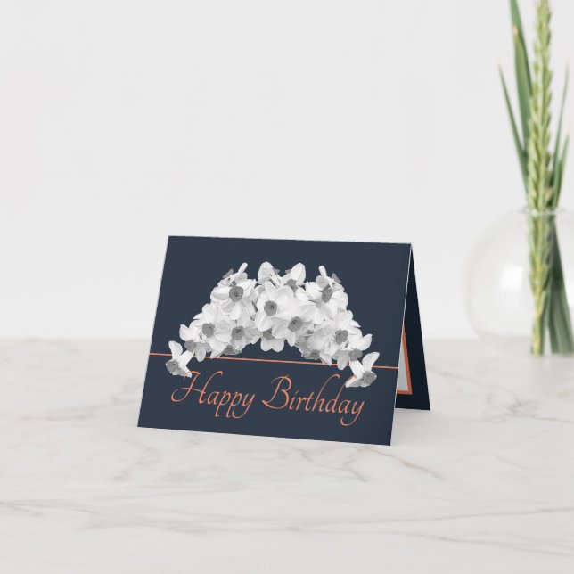 Navy Orange Bouquet White Daffodils Happy Birthday Karte (Vorderseite)