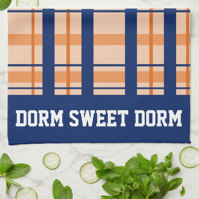 Navy Orange Kariert Uni Team Cool Dorm School Geschirrtuch (Gefaltet)