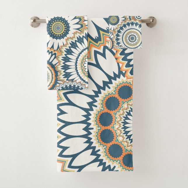 Navy Orange Multi-Mandala Design Badhandtuch Set (Insitu)