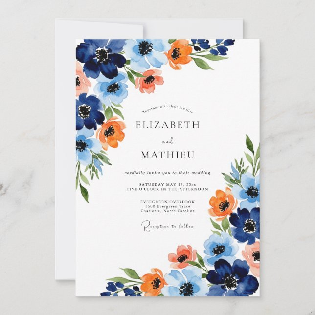 Navy Orange Painterly Bloom Wedding Einladung (Vorderseite)