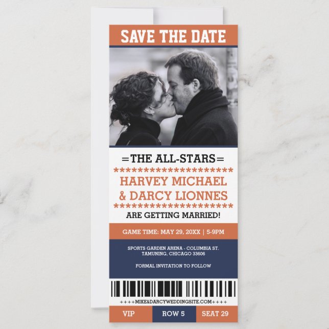 Navy & Orange Sports Ticket Save the Date (Vorderseite)