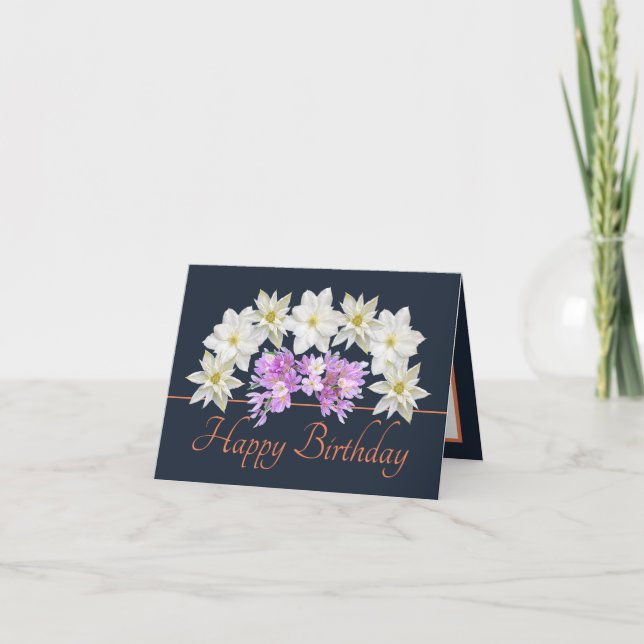 Navy Orange White Lila Bouquet Happy Birthday Karte (Vorderseite)