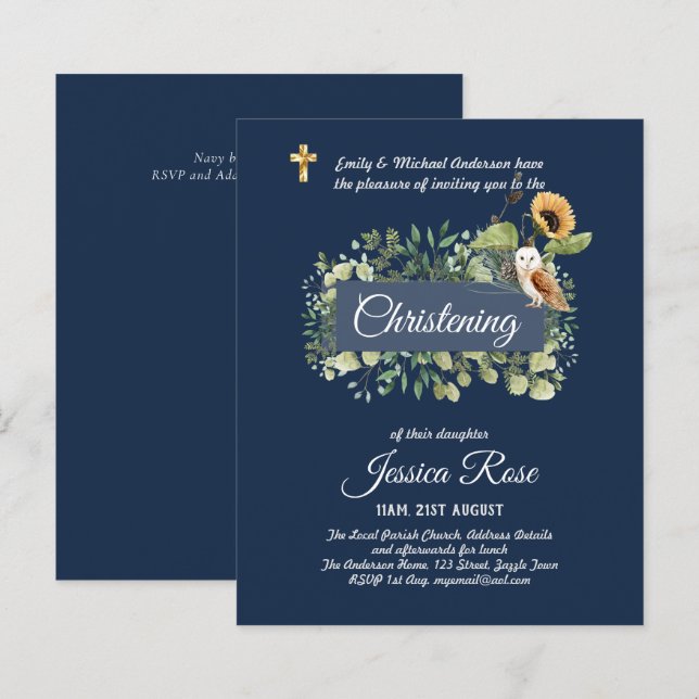 Navy Owl Sonnenblumen Christening lädt zum Taufen  (Vorne/Hinten)