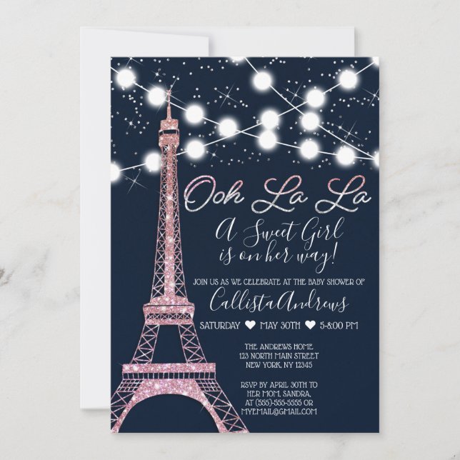 Navy Paris Eiffel Tower Glitzer Lights Baby Dusche Einladung (Vorderseite)