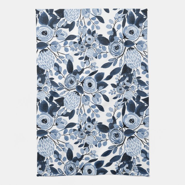 Navy Pastel Blue Watercolor Blumenmuster Geschirrtuch (Vertikal)