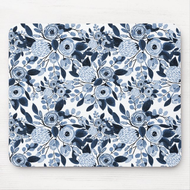 Navy Pastel Blue Watercolor Blumenmuster Mousepad (Vorne)