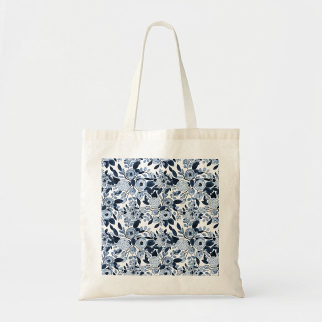 Navy Pastel Blue Watercolor Blumenmuster Tragetasche (Vorne)