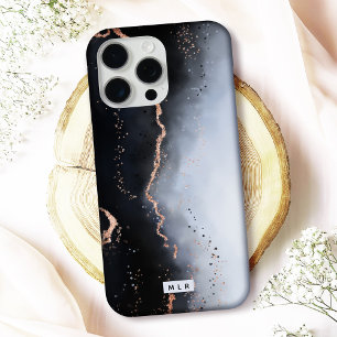 Navy & Pastellblau Ombre-Nebel mit Kupfer-Monogram iPhone 16 Pro Hülle