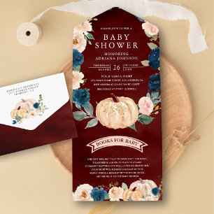 Navy Peach Floral Pumpkin Burgundy Red Baby Dusche All In One Einladung