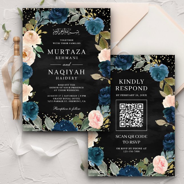 Navy Peach Floral QR Code Black Muslim Hochzeit Einladung (Von Creator hochgeladen)