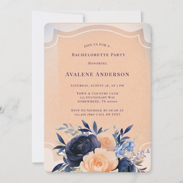 Navy Peach Painted Floral Junggeselinnen-Abschied Einladung (Vorderseite)