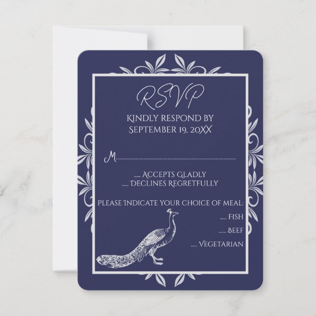 Navy Peacock Blüh Wedding RSVP Card Karte (Vorderseite)