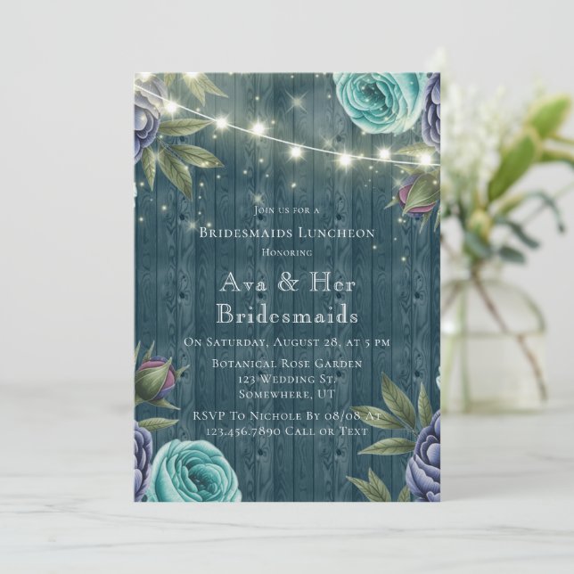 Navy Peonies & Turquoise Rose Bridesmaids Luncheon Einladung (Stehend Vorderseite)