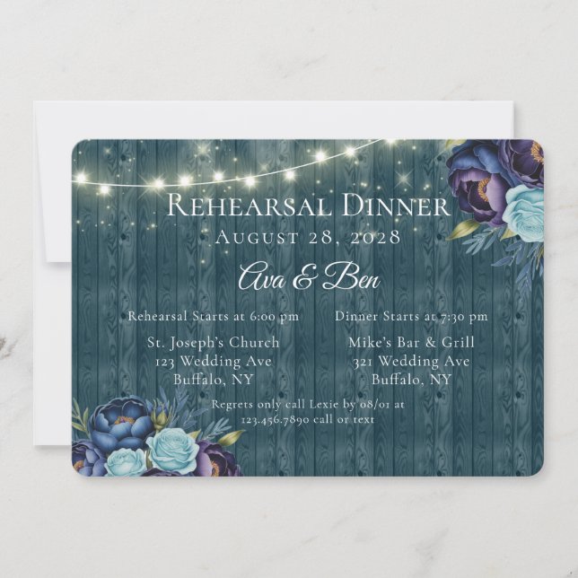 Navy Peonings und Turquoise Rose Probe Dinner Einladung (Vorderseite)