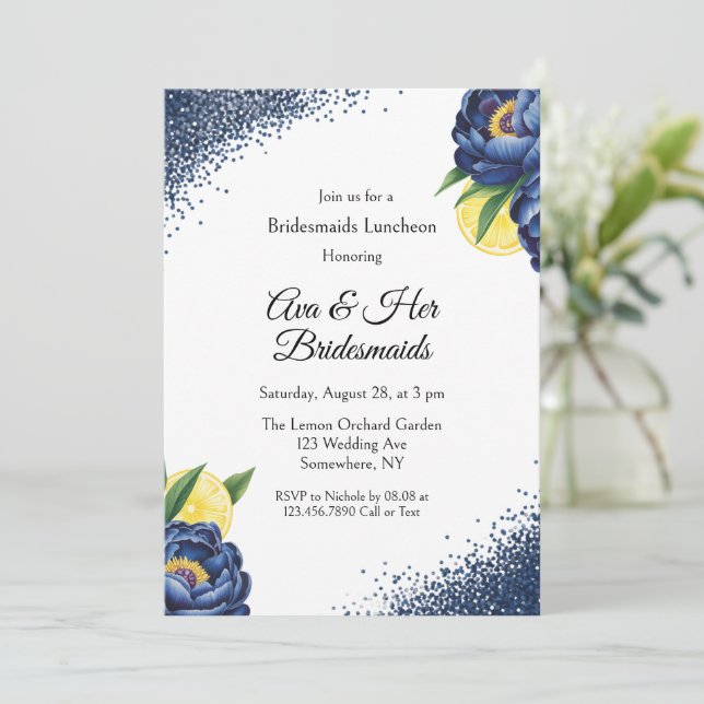 Navy Peony Citrus Paint Floral Bridesmaid Luncheon Einladung (Stehend Vorderseite)