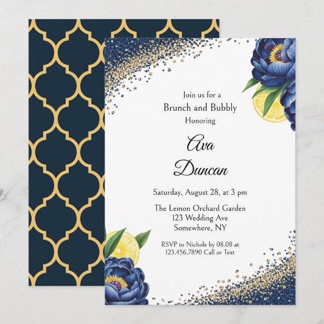 Navy Peony Citrus Painted Blumenbrunch & Bubbly Einladung (Vorne/Hinten)