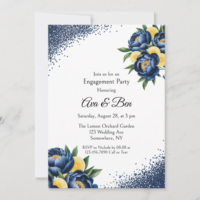 Navy Peony Citrus Painted Floral Engagement Party Einladung (Vorderseite)