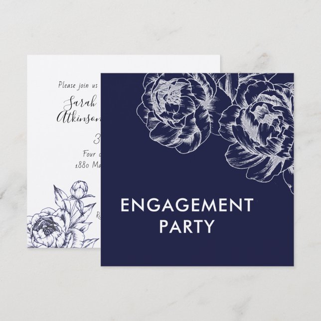 Navy Peony Simple Engagement Party Invitation (Devant / Derrière)