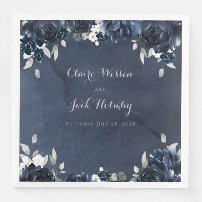 Navy Peony Wedding Square 8" Dinner Napkins Serviette (Vorderseite)